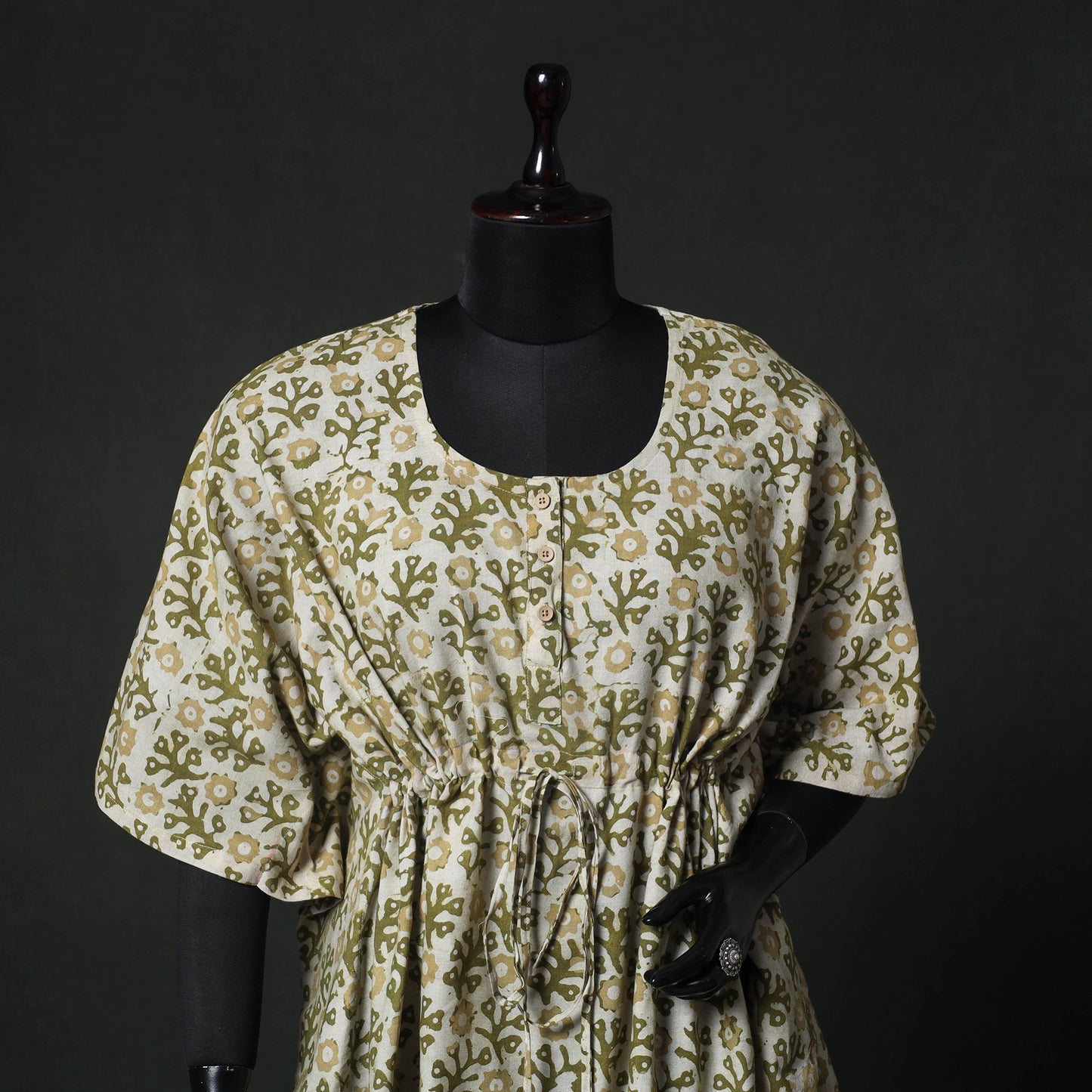 Green - Hand Block Batik Print Cotton Kaftan (Short) 58
