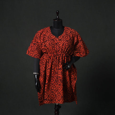 Red - Hand Block Batik Print Cotton Kaftan (Medium) 67