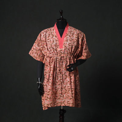 Peach - Hand Block Batik Print Cotton Kaftan (Medium) 70