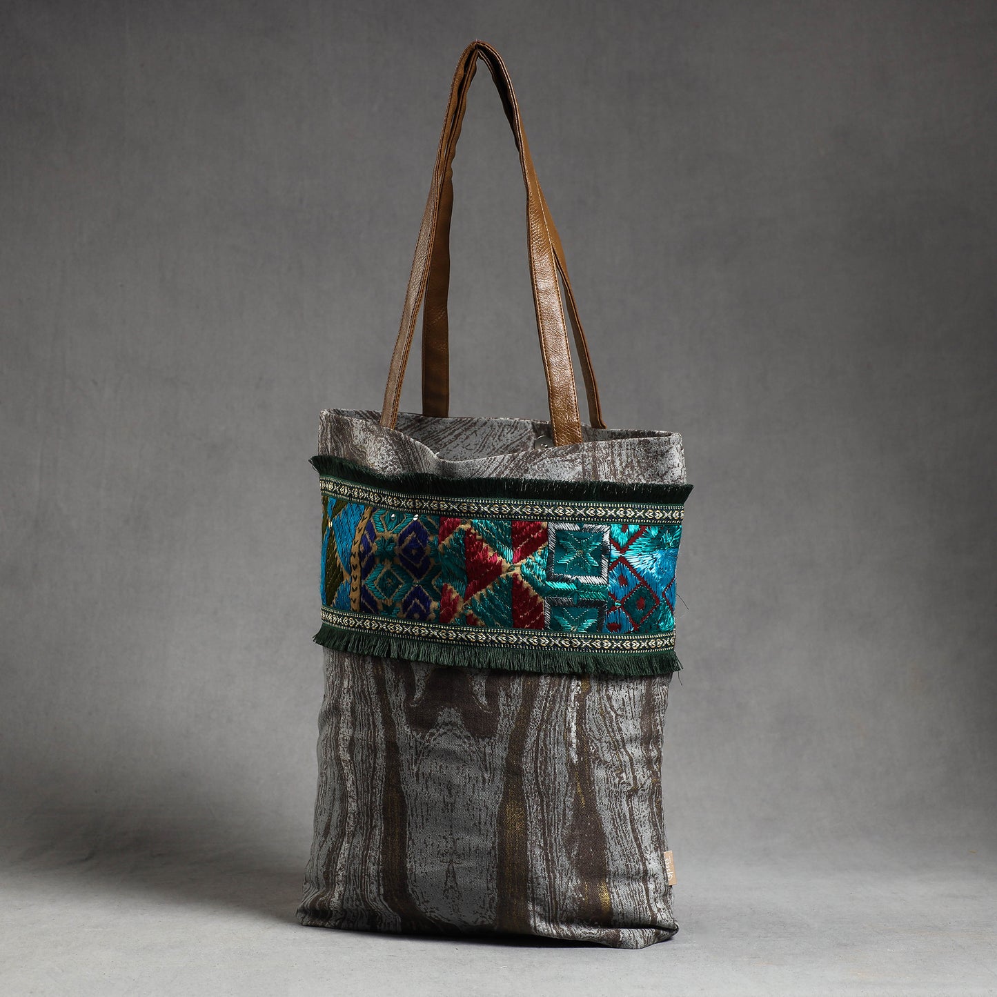 Grey - Phulkari Embroidery Canvas Cotton Tote Bag