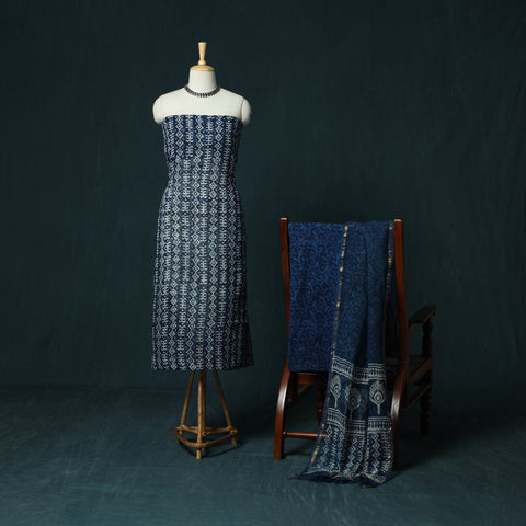 Kota Doria Cotton Hand Block Indigo Bagru Print 3pc Unstitched Dress Material 19