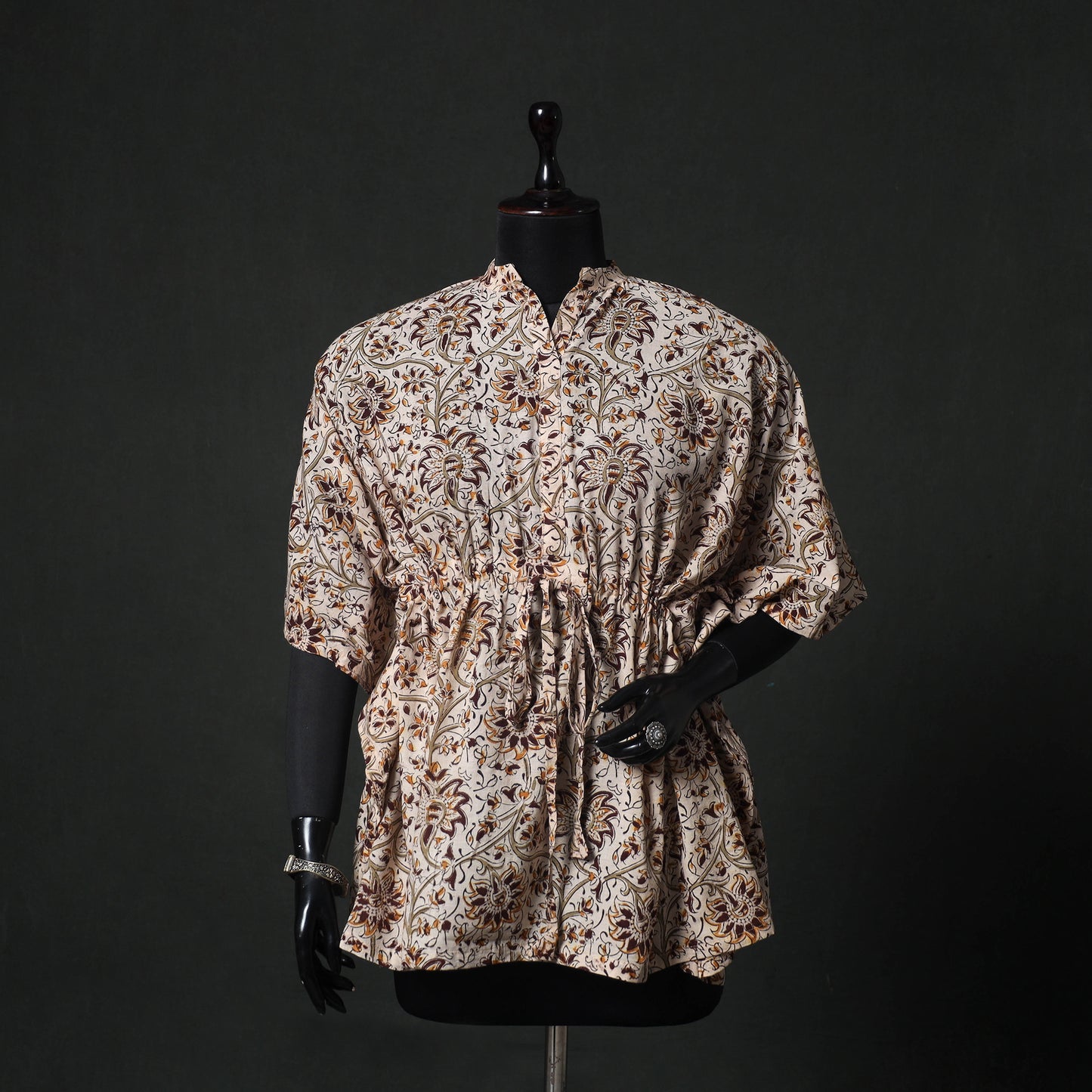 Beige - Kalamkari Hand Block Print Natural Dyed Cotton Kaftan (Short) 79