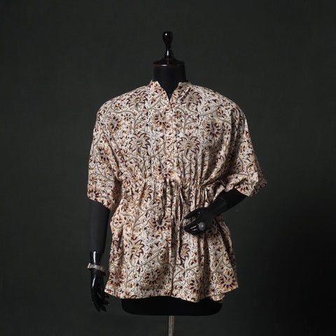 Beige - Kalamkari Hand Block Print Natural Dyed Cotton Kaftan (Short) 79
