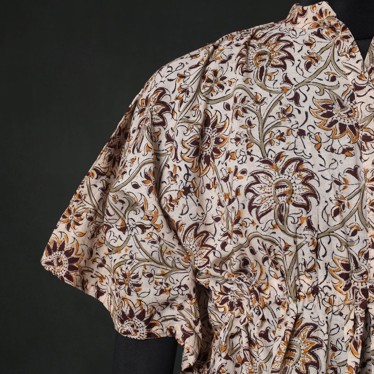 Beige - Kalamkari Hand Block Print Natural Dyed Cotton Kaftan (Short) 79