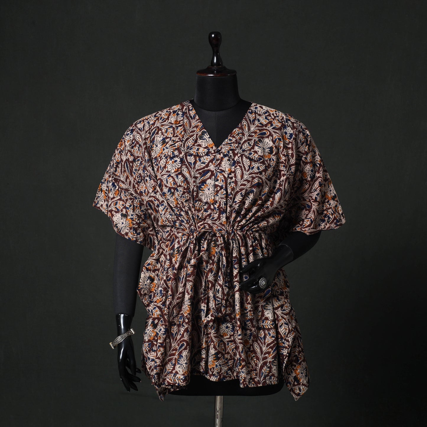 Maroon - Kalamkari Hand Block Print Natural Dyed Cotton Kaftan (Short) 82