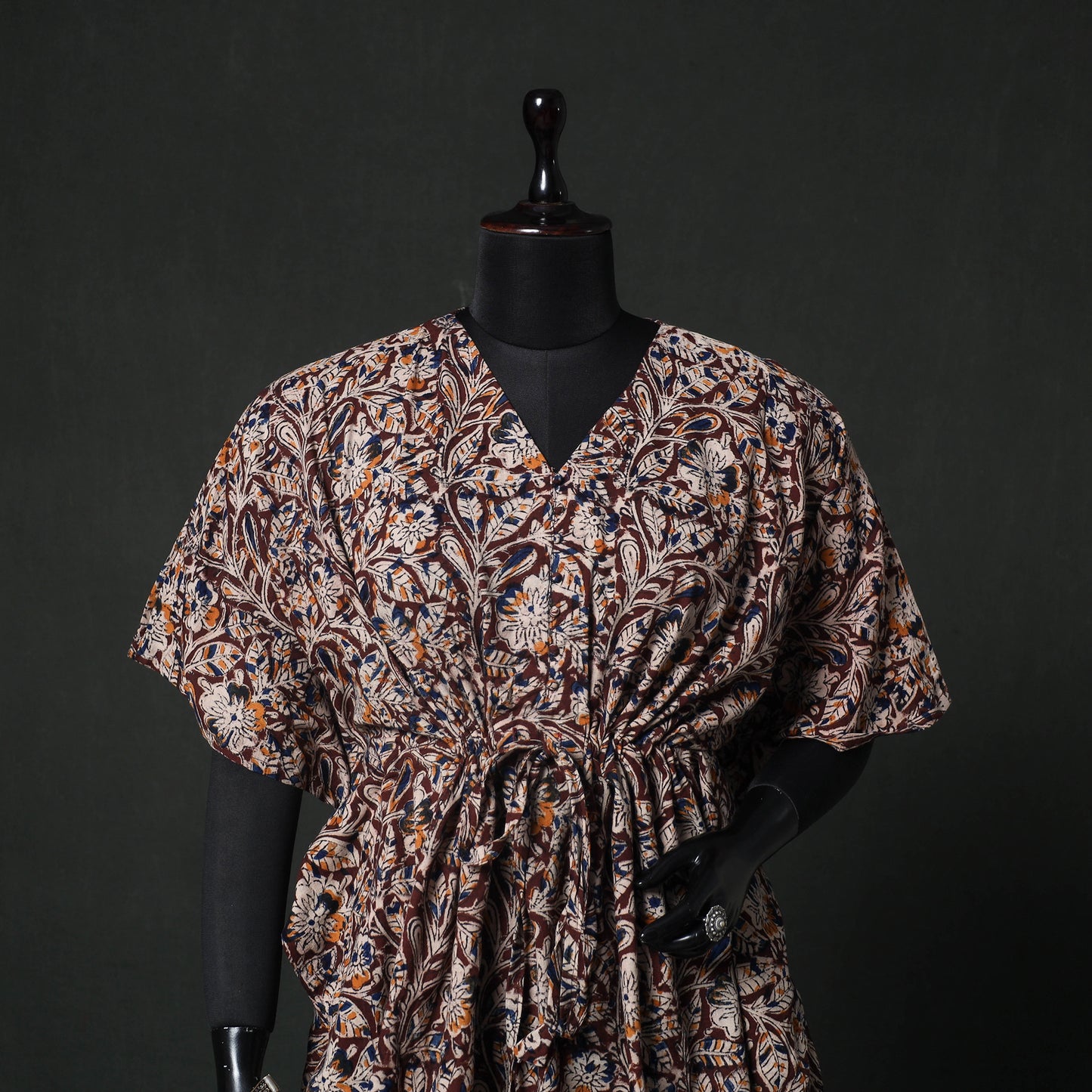 Maroon - Kalamkari Hand Block Print Natural Dyed Cotton Kaftan (Short) 82