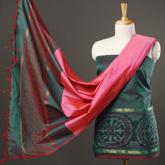 Green - 3pc Pochampally Ikat Handloom Silk Suit Material Set 04