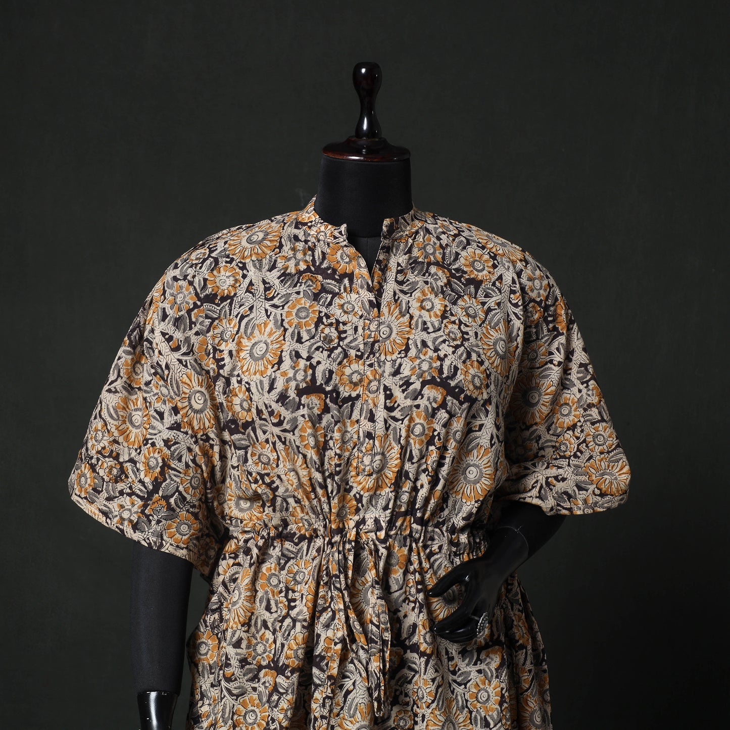 Yellow - Kalamkari Hand Block Print Natural Dyed Cotton Kaftan (Short) 84