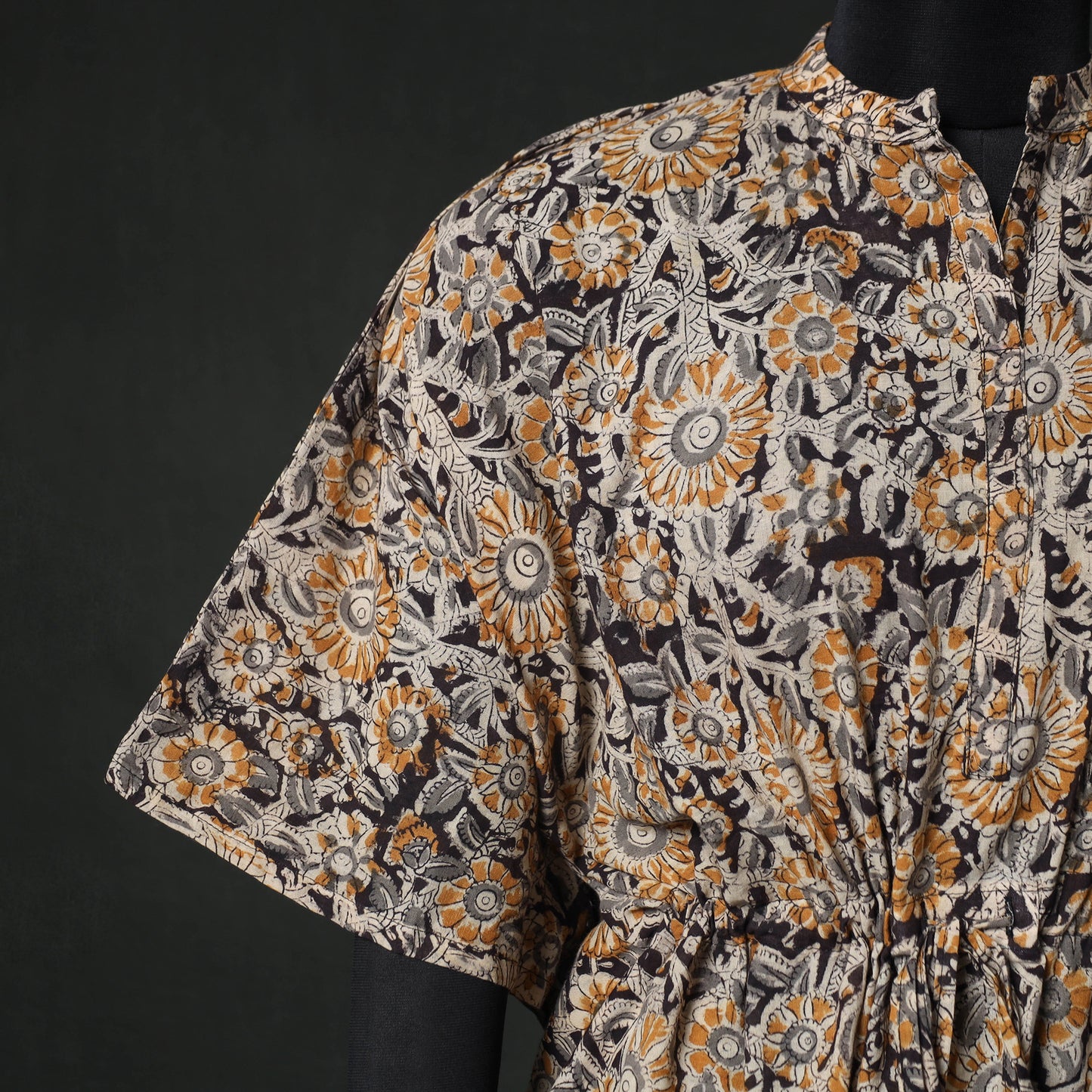 Yellow - Kalamkari Hand Block Print Natural Dyed Cotton Kaftan (Short) 84