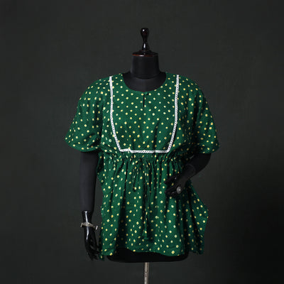 Green - Bandhani Tie-Dye Lace Work Cotton Kaftan (Short) 88