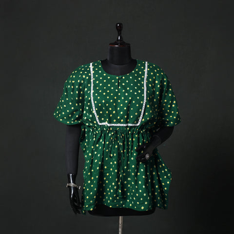 Green - Bandhani Tie-Dye Lace Work Cotton Kaftan (Short) 88