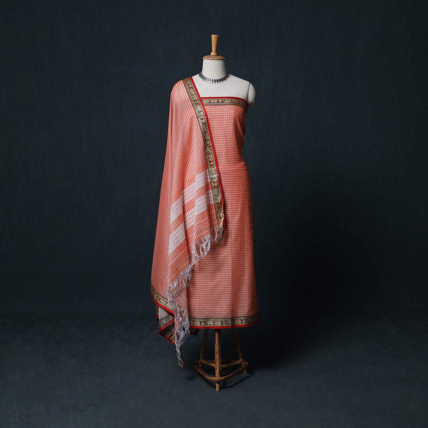 Dharwad Checks Cotton 3pc Unstitched Dress Material Suit Set with Woven Border 24