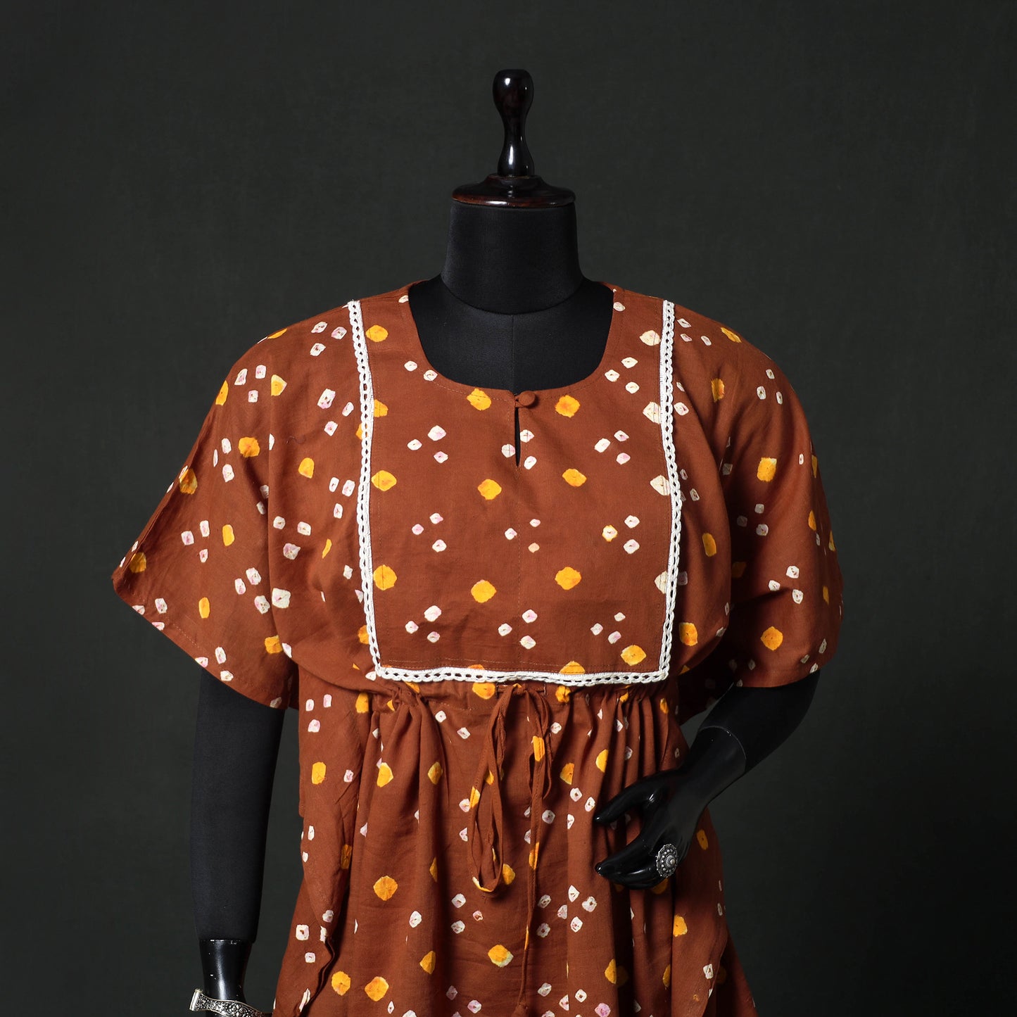 Brown - Bandhani Tie-Dye Lace Work Cotton Kaftan (Short) 89