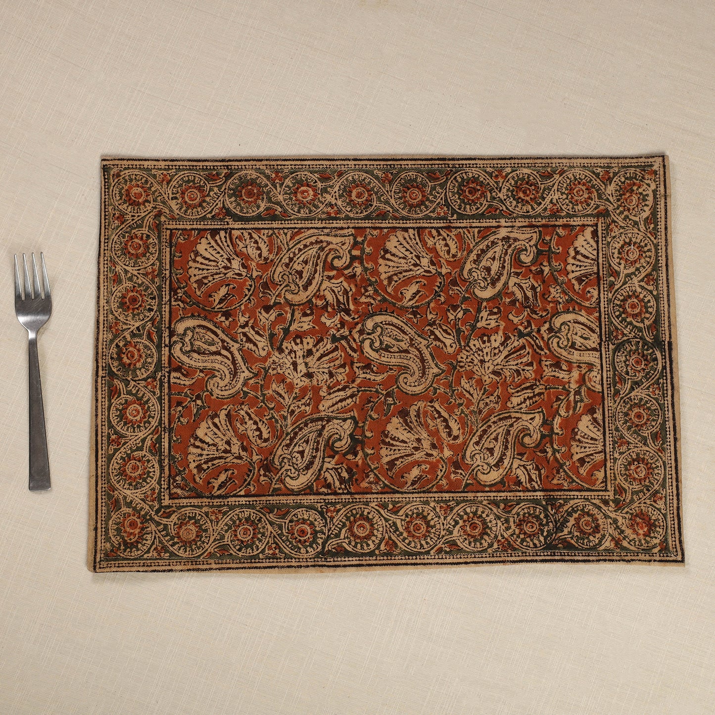 Original Pedana Kalamkari Block Printed Cotton Table Mat (18 x 13 in) 04