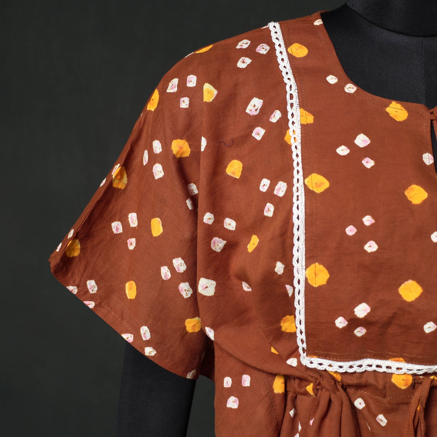 Brown - Bandhani Tie-Dye Lace Work Cotton Kaftan (Short) 89