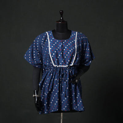 Blue - Bandhani Tie-Dye Lace Work Cotton Kaftan (Short) 90