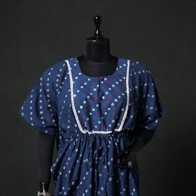Blue - Bandhani Tie-Dye Lace Work Cotton Kaftan (Short) 90