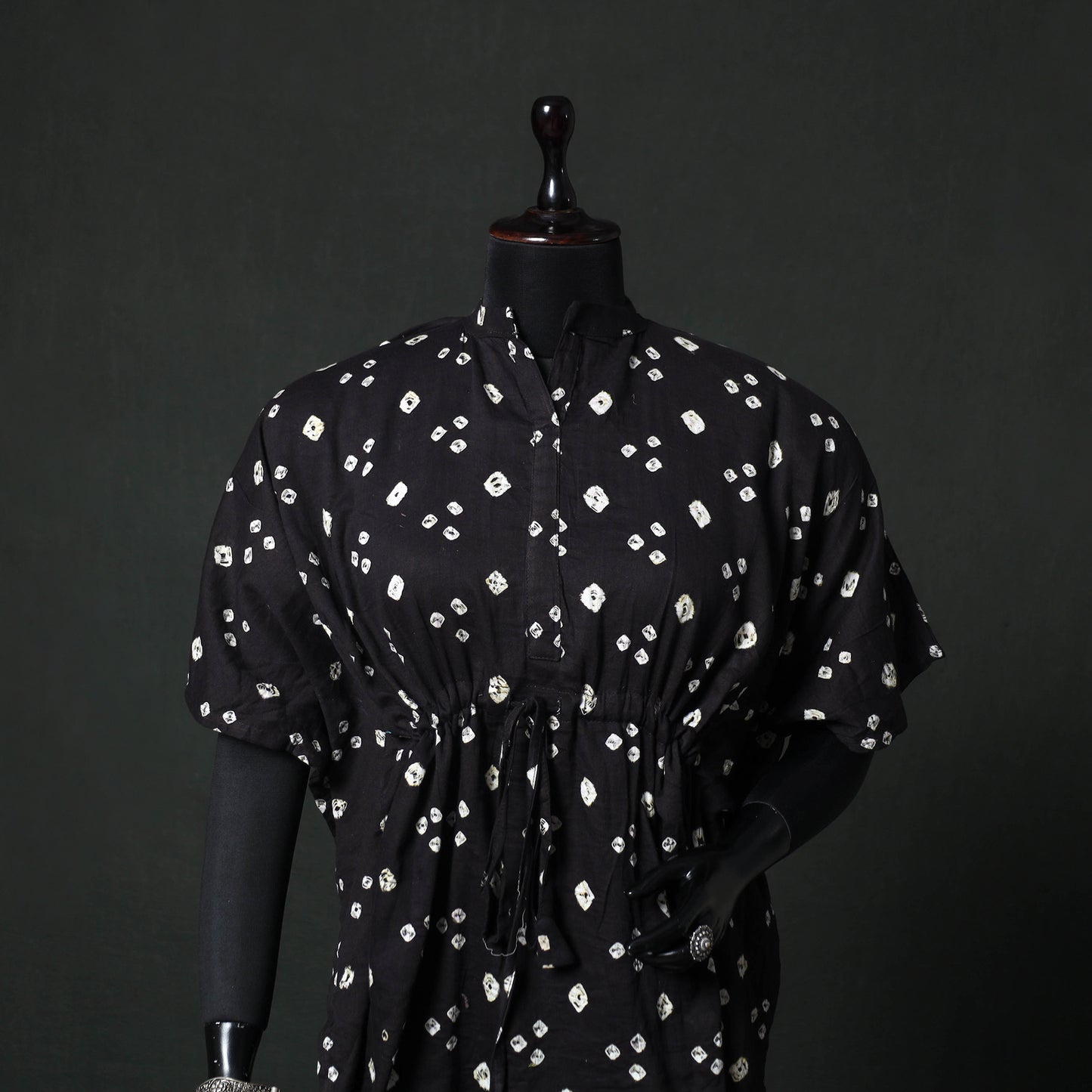 Black - Bandhani Tie-Dye Lace Work Cotton Kaftan (Short) 91