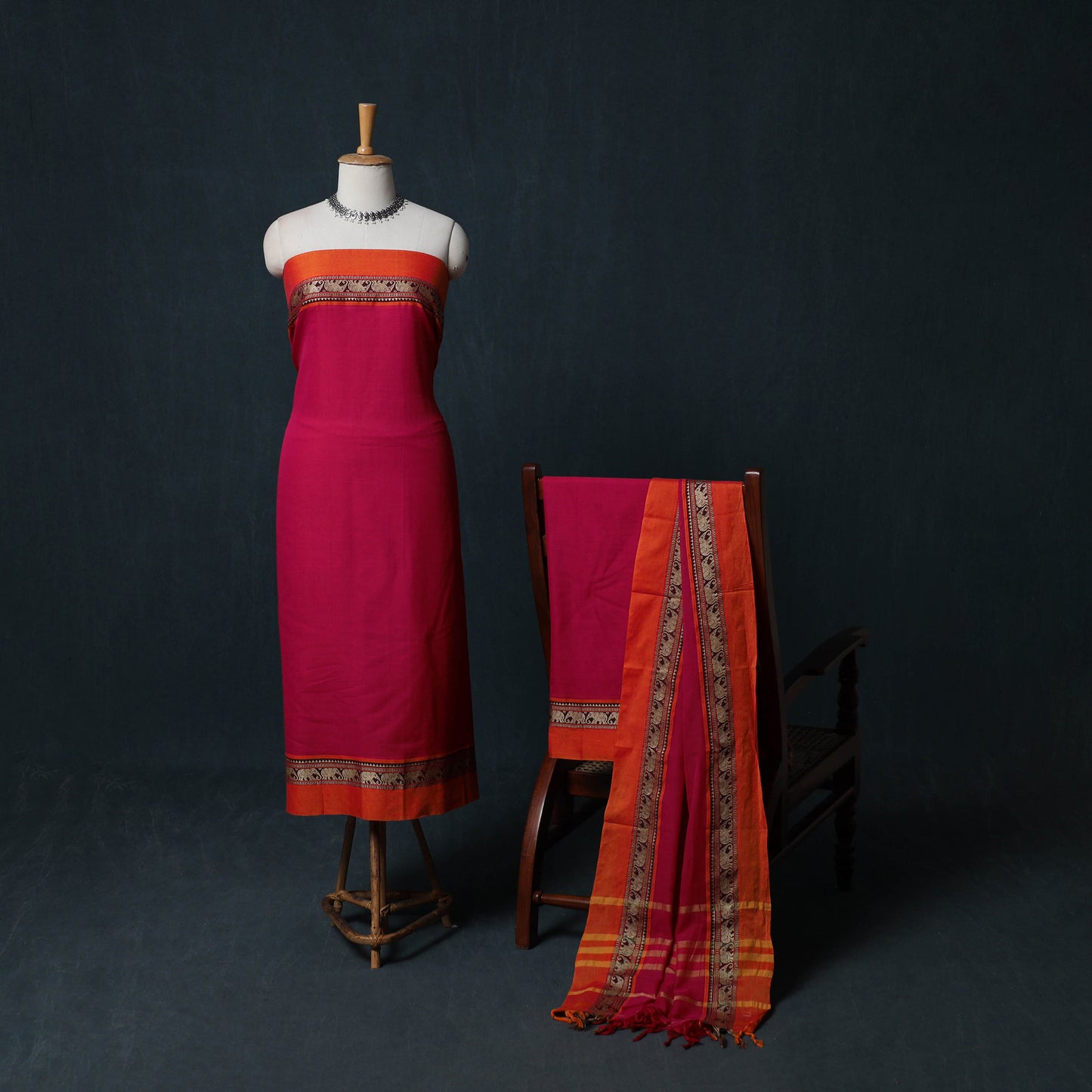 Dharwad Cotton 3pc Unstitched Dress Material Suit Set with Woven Border 06