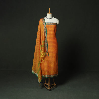 Orange - Dharwad Woven Mercerised Cotton 3pc Unstitched Dress Material Suit Set 33