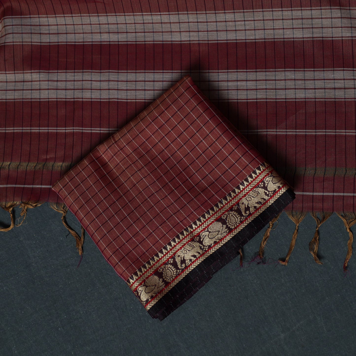 Dharwad Checks Cotton 3pc Unstitched Dress Material Suit Set with Woven Border 14