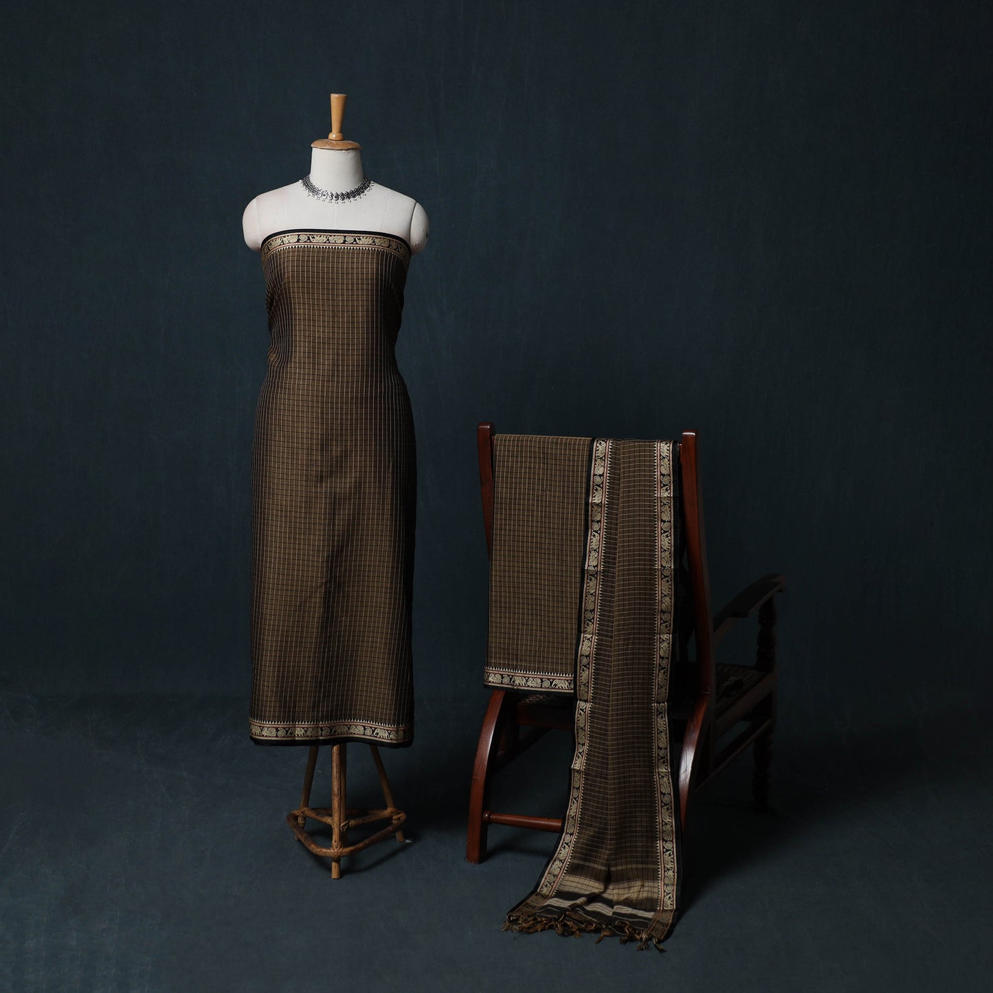 Dharwad Checks Cotton 3pc Unstitched Dress Material Suit Set with Woven Border 16