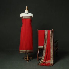Red - Dharwad Woven Mercerised Cotton 3pc Unstitched Dress Material Suit Set 39