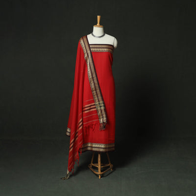 Red - Dharwad Woven Mercerised Cotton 3pc Unstitched Dress Material Suit Set 39