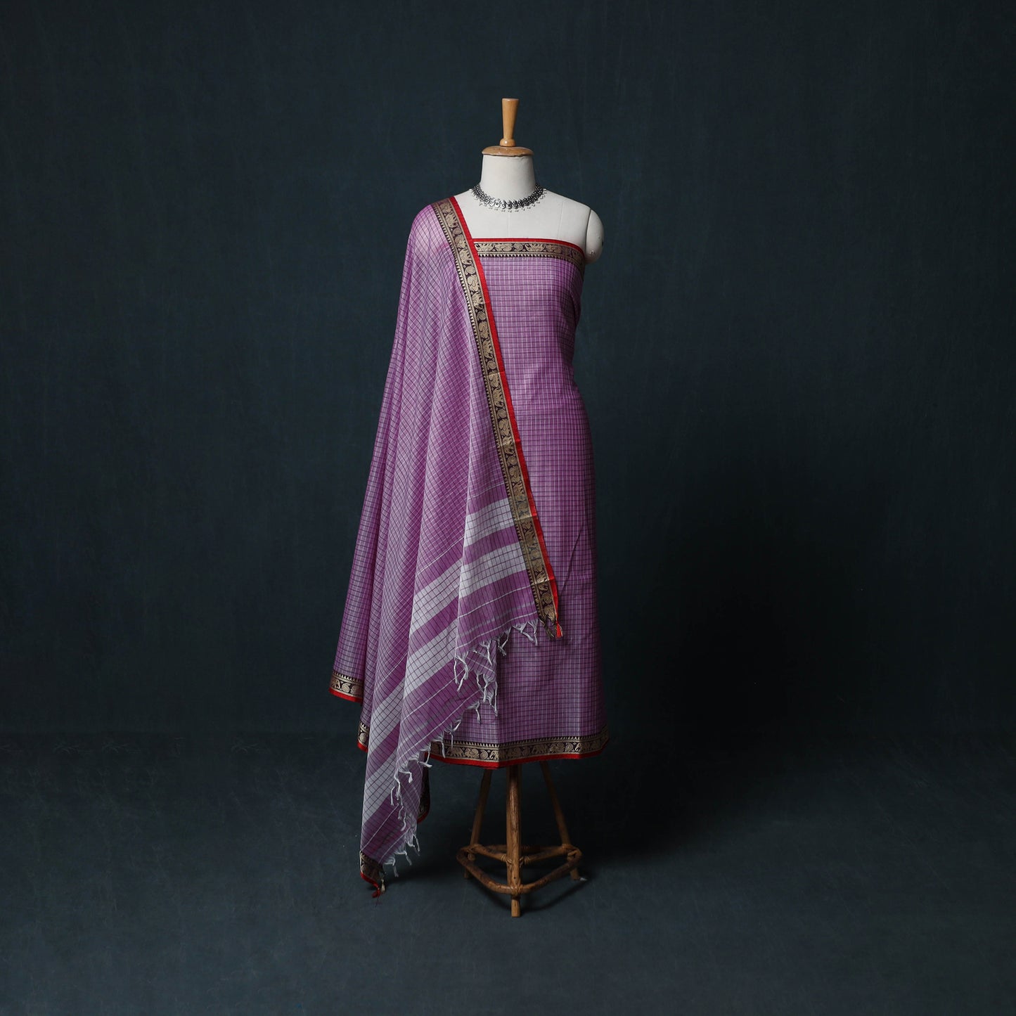Dharwad Checks Cotton 3pc Unstitched Dress Material Suit Set with Woven Border 17