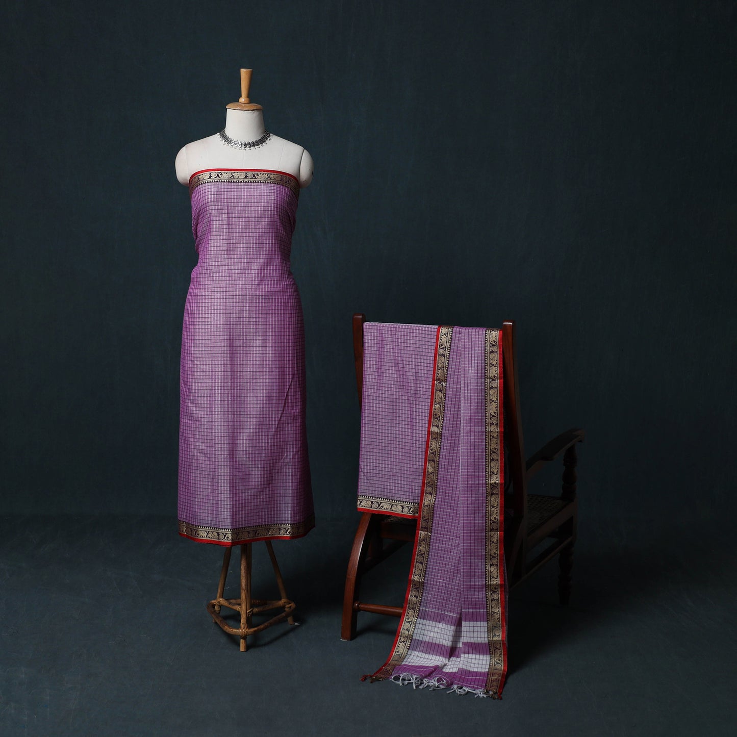 Dharwad Checks Cotton 3pc Unstitched Dress Material Suit Set with Woven Border 17