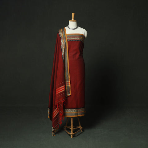 Red - Dharwad Woven Mercerised Cotton 3pc Unstitched Dress Material Suit Set 40