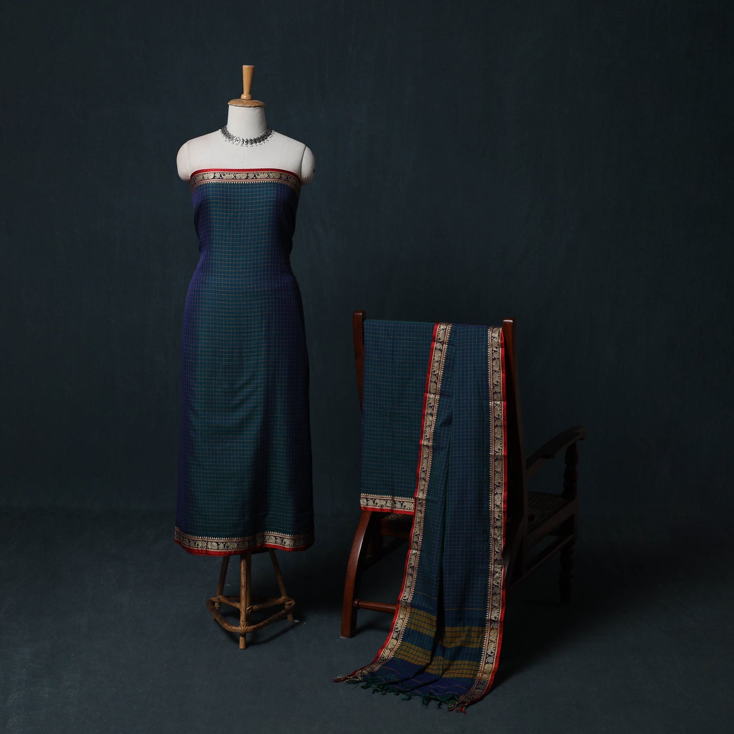Dharwad Checks Cotton 3pc Unstitched Dress Material Suit Set with Woven Border 18