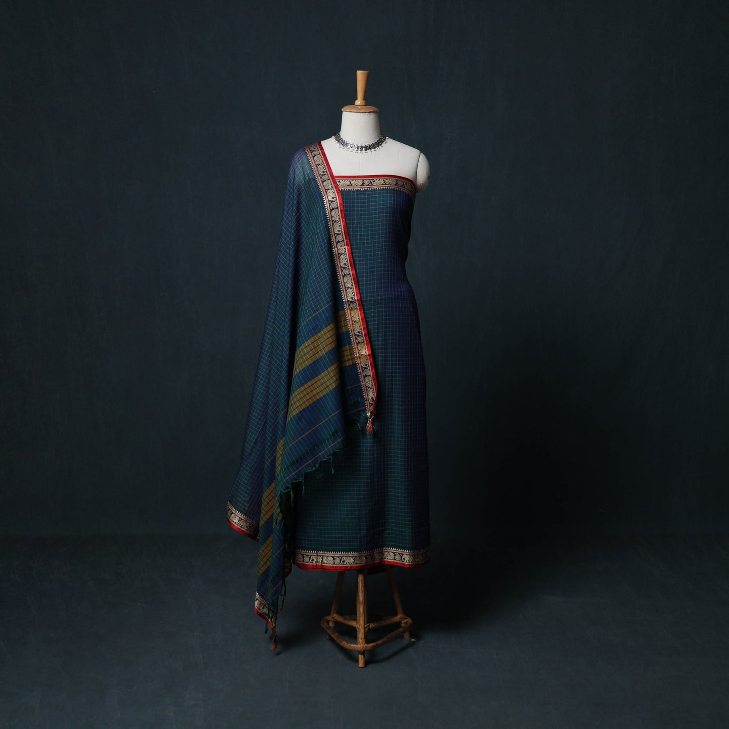 Dharwad Checks Cotton 3pc Unstitched Dress Material Suit Set with Woven Border 18