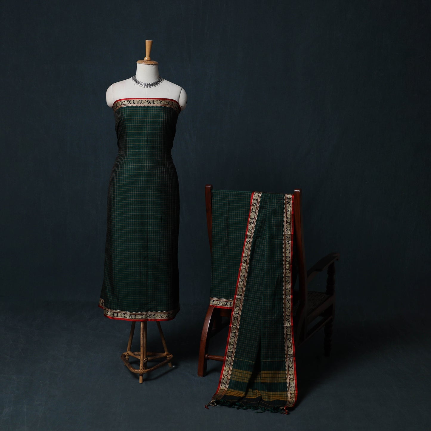 Dharwad Checks Cotton 3pc Unstitched Dress Material Suit Set with Woven Border 19