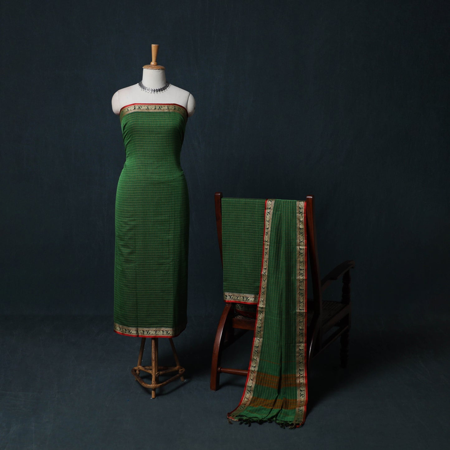 Dharwad Checks Cotton 3pc Unstitched Dress Material Suit Set with Woven Border 20