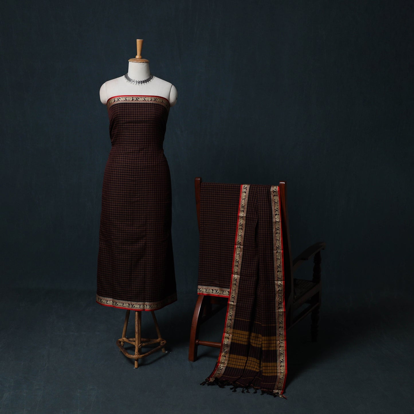 Dharwad Checks Cotton 3pc Unstitched Dress Material Suit Set with Woven Border 21