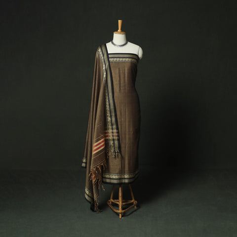 Brown - Dharwad Woven Mercerised Cotton 3pc Unstitched Dress Material Suit Set 44