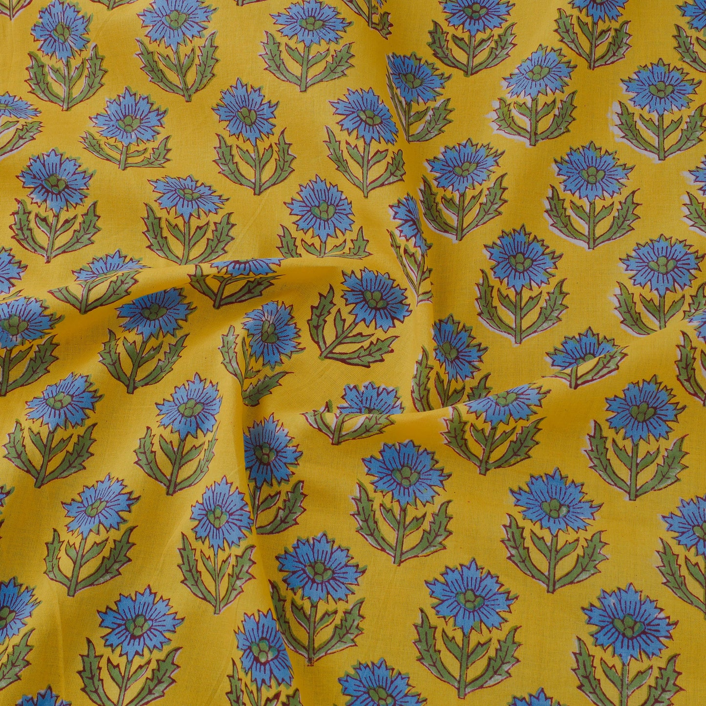 Yellow Block Print Cotton Sanganeri Fabric