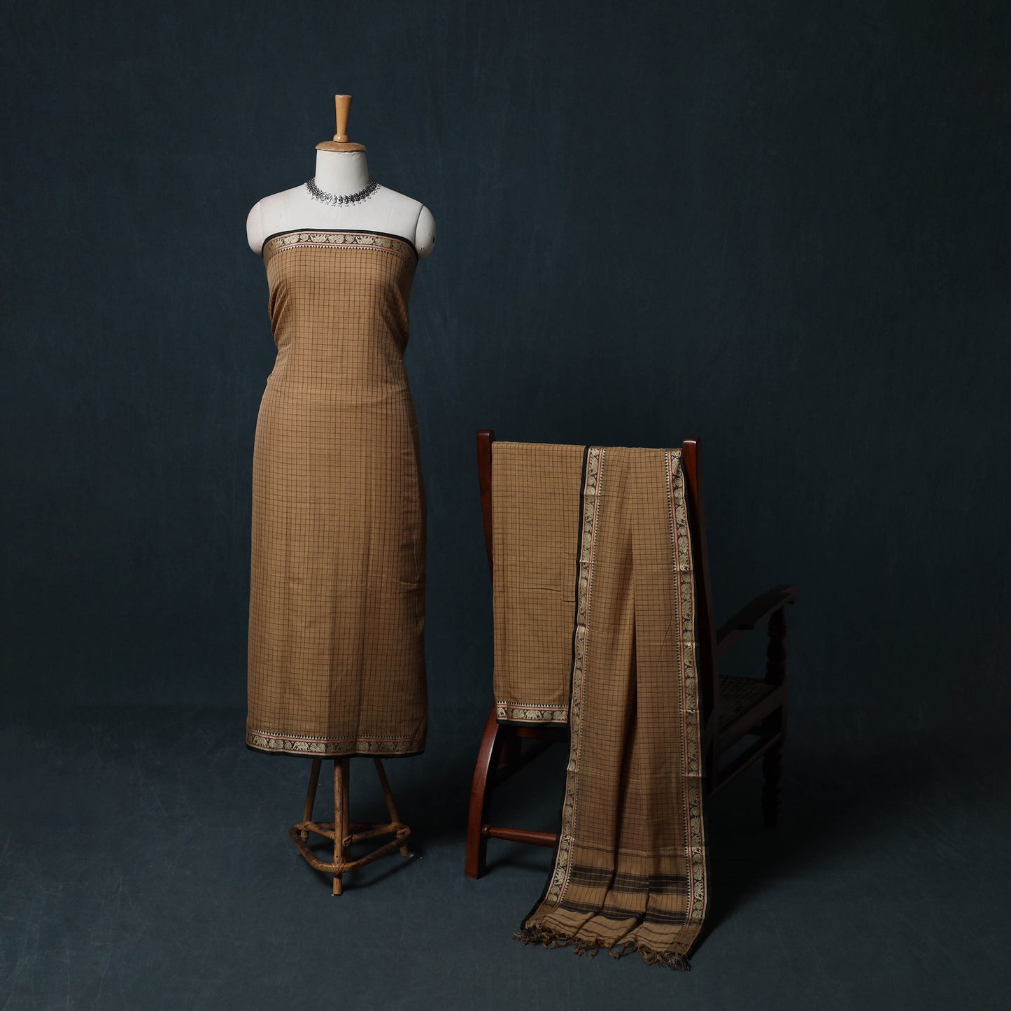 Dharwad Checks Cotton 3pc Unstitched Dress Material Suit Set with Woven Border 22