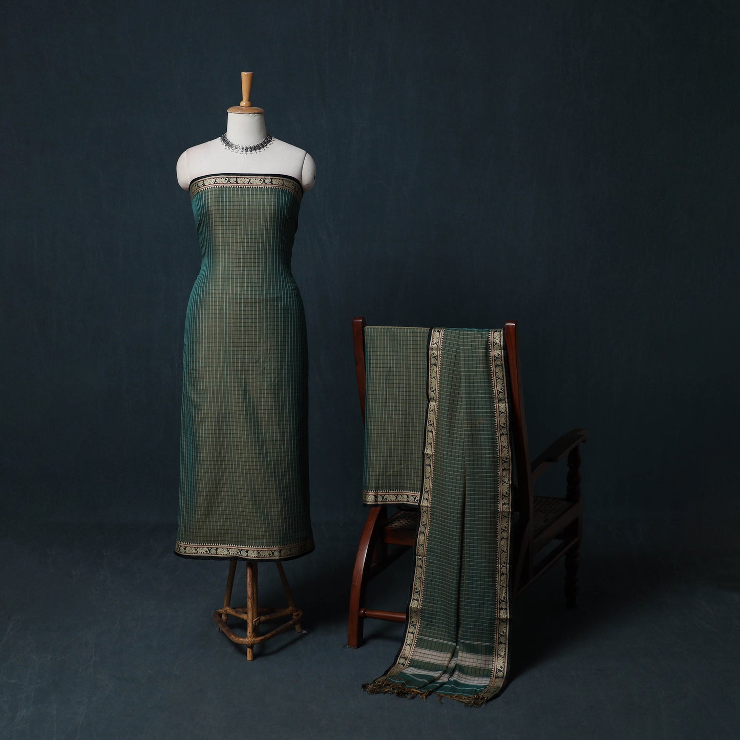 Dharwad Checks Cotton 3pc Unstitched Dress Material Suit Set with Woven Border 25