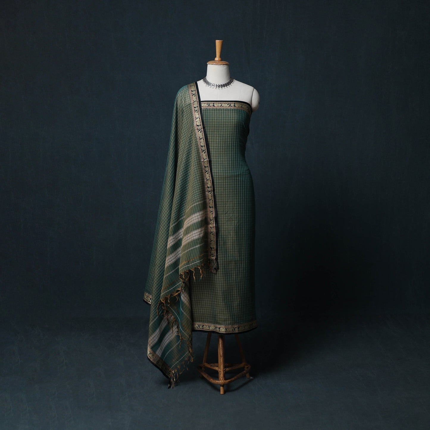 Dharwad Checks Cotton 3pc Unstitched Dress Material Suit Set with Woven Border 25
