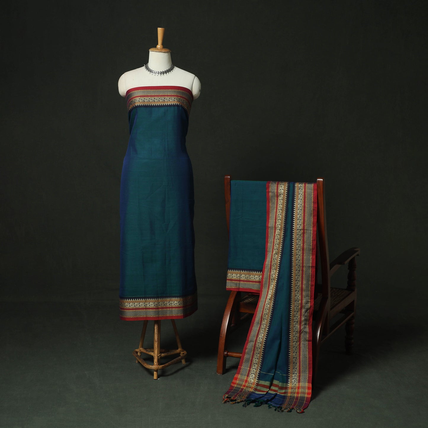 Blue - Dharwad Woven Mercerised Cotton 3pc Unstitched Dress Material Suit Set 48
