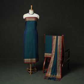 Blue - Dharwad Woven Mercerised Cotton 3pc Unstitched Dress Material Suit Set 48