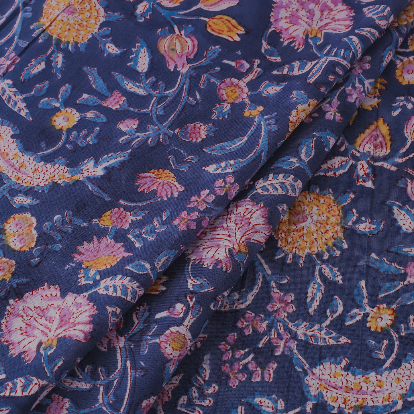 Blue Block Print Cotton Sanganeri Fabric