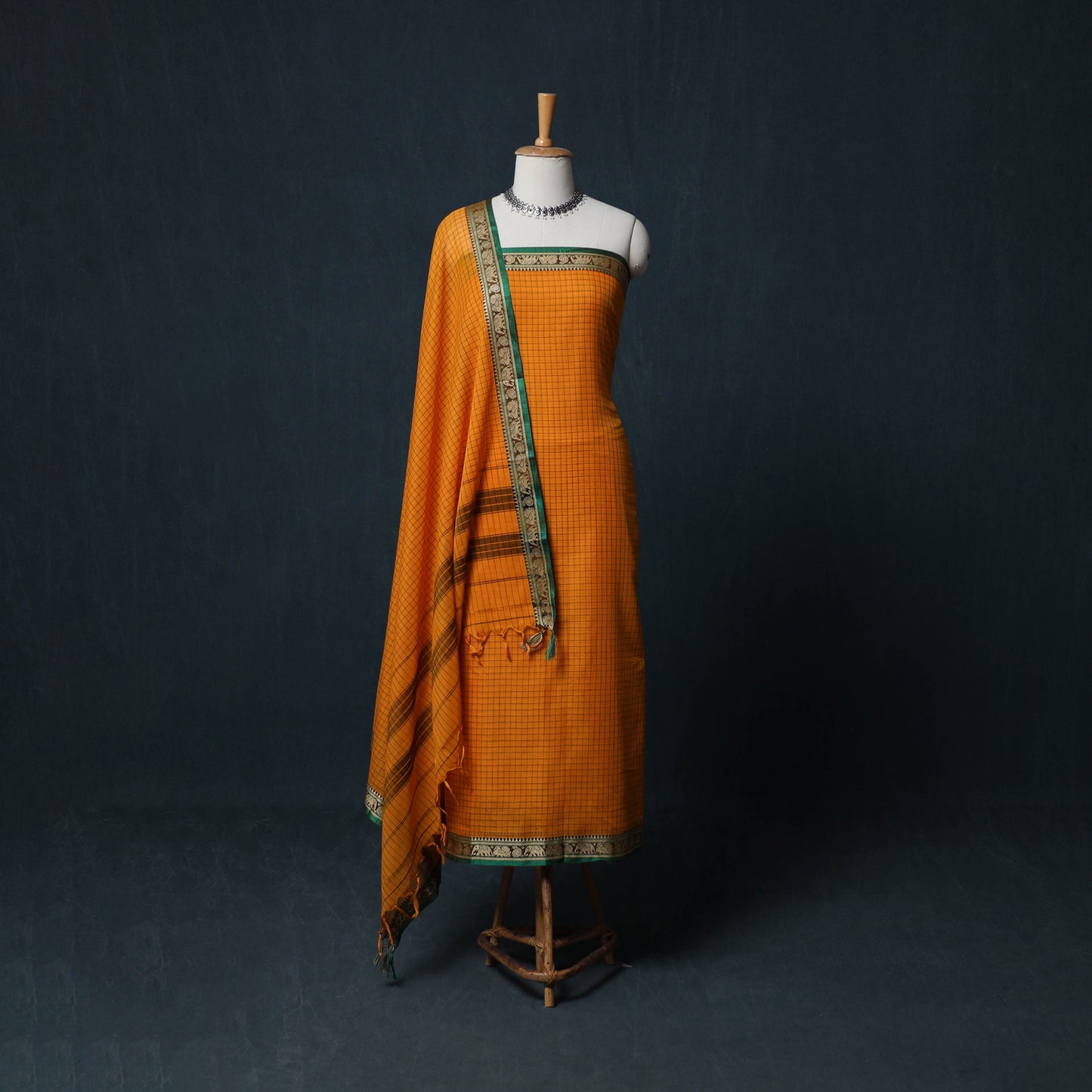 Dharwad Checks Cotton 3pc Unstitched Dress Material Suit Set with Woven Border 27