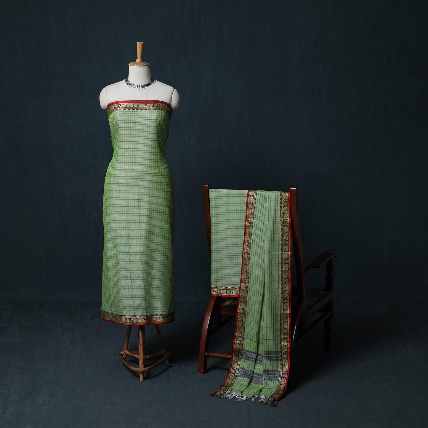 Dharwad Checks Cotton 3pc Unstitched Dress Material Suit Set with Woven Border 28