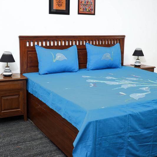 Blue - Moirangphee Manipuri Pure Handloom Cotton Double Bed Cover with Pillow Covers (108 x 90 in)