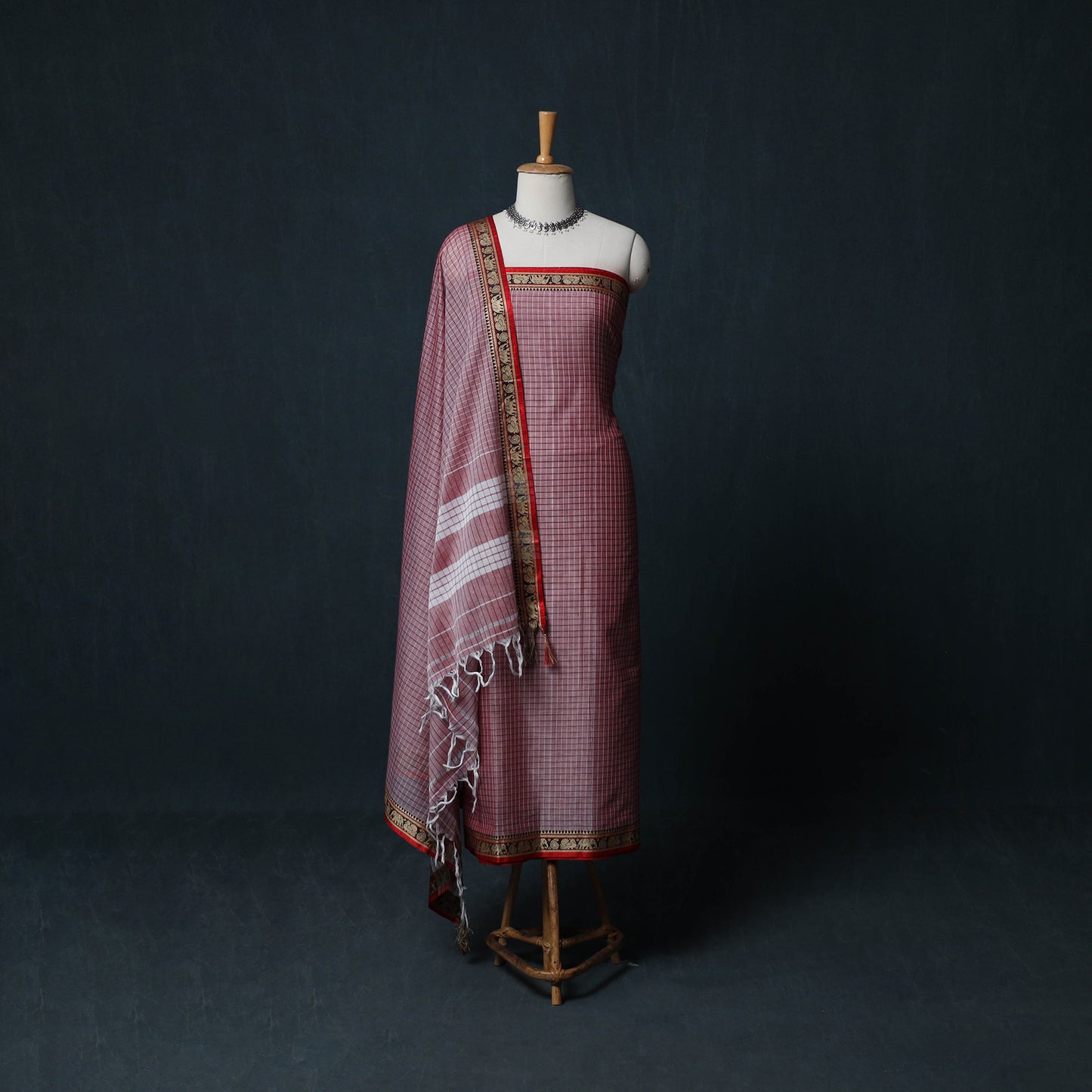 Dharwad Checks Cotton 3pc Unstitched Dress Material Suit Set with Woven Border 29