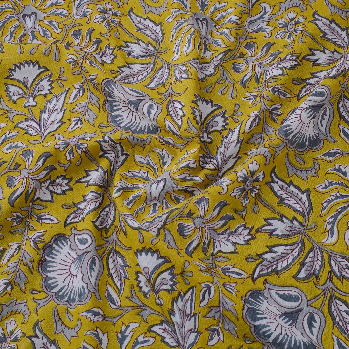 Yellow Block Print Cotton Sanganeri Fabric