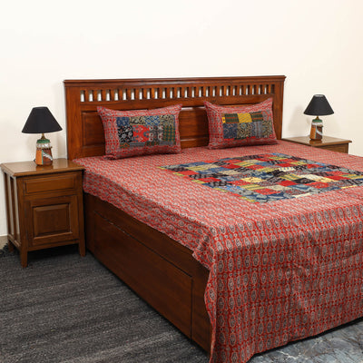 Red - Patchwork Cotton Double Ajrakh Bed Sheet Set 02